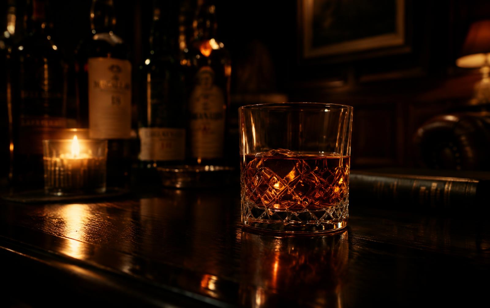 Glas whisky bij kaarslicht